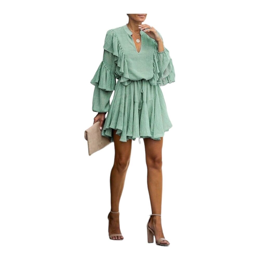 Sage Green Polka Dot Long Sleeve Ruffle Mini Dress Casual Flowy‎ Swing Medium